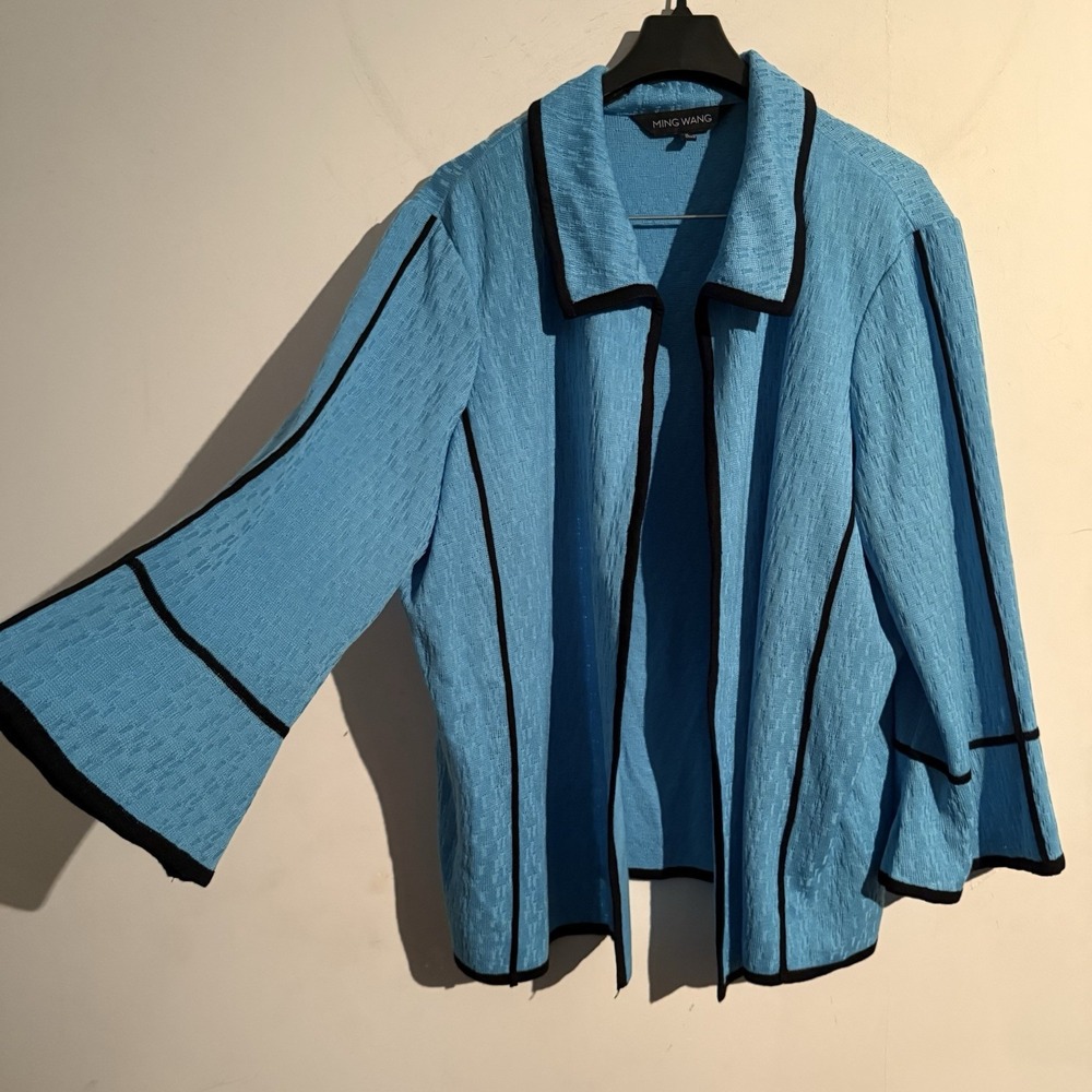 Ming Wang Women's Blue Bonnet Knit Jacket Lapel Collar Trim Size XL‎